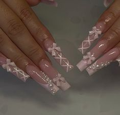 by nailsbylyssas on insta #pink #white #pinknails #whitenails #bows #coquette #pearl #longnails #acrylic #nails #nailsofinstagram Simple Nails Pink, Summer 2023 Nail Trends, Nails Pink Acrylic, Ongles Bling Bling, 2023 Nail, Sunny Disposition, Ballet Nails, Dresses Linen, White Acrylic Nails