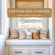 a window seat with pillows on it and the words, custom size cushion more fabrics available