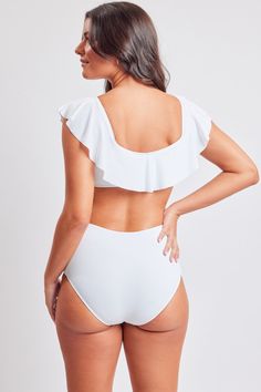 Ruffle some feathers in our women’s Heart & Sol Off Shoulder Flounce Bikini swimsuit. This two-piece bathing suit features vertical ribbing throughout and lace up detail at the front and sides. The flounced top gives a flirty, feminine touch, and the high-rise bottom sits up on the waist for a tummy-cinching look and hourglass shape. Style with your favorite cover up and sandals for a summer-chic ‘fit! Hand wash cold. Hang to dry. Top Self: 90% Nylon/ 10% Spandex (Colors: White, Yellow)Top Linin White Ruffled Tankini For Swimming, White Ruffled Tankini For Beachwear, White Spring Swimwear For Swimming, Ymi Jeans, Anatomy Poses, White Bikinis, S Heart, Hourglass Shape, Summer Chic