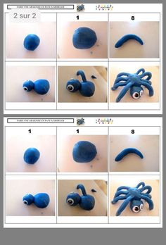 the instructions for making an octopus doll are shown in several different pictures, including blue and white