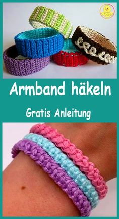 three different types of bracelets with the words armband hakeln