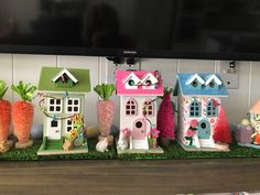 My version of Michael”s Easter houses. Easter Village Houses, Miniature Easter Scenes, Easter Dollhouse, Easter Miniature Scene, Bunny Decorations, Cardboard Houses