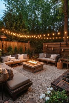 Backyard patio with string lights and a fire pit surrounded by cushioned seating. Outdoor Garden Patio Ideas, Minimalist Backyard Design, Small Garden Landscape Ideas, Beautiful Small Backyard Ideas, Very Small Garden Design, Small Backyard Aesthetic, Back Garden Ideas Landscaping, Beautiful Backyard Garden Inspiration, Beautiful Small Backyards