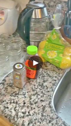 the kitchen counter is covered with various items for making homemade condiments, including sauce and seasonings