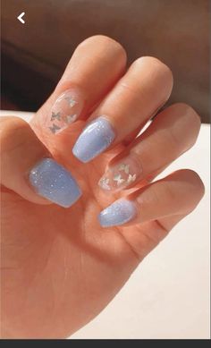 Light blue,nails,cute,blue,clear,silver,butterfly Cool,short,awesome, Cute Summer Acrylic Nail Ideas Short Square, Cute Prom Nails Acrylic, Light Blue Sparkle Nails, Nails Ideas Blue, French Pedicure, Glitter Nails Acrylic, Blue Acrylic Nails