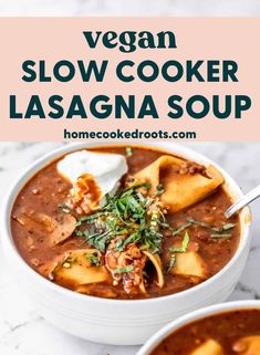 two bowls filled with vegan slow cooker lasagna soup