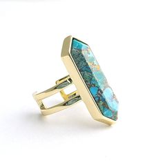 Adjustable, open back, 18k over brass Unique Gold Open Turquoise Ring, Handmade Adjustable Open Turquoise Ring, Artisan Turquoise Open Ring, Adjustable Artisan Turquoise Open Ring, Gold Turquoise Ring With Large Stone As Gift, Adjustable Nickel-free Turquoise Open Ring, Artisan One-of-a-kind Blue Turquoise Ring, Turquoise Gold Ring, Ringe Gold