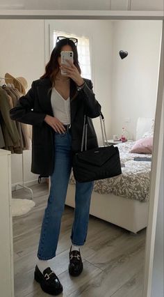 Loafer Outfit Inspiration, Women In Loafers Outfit, Loafer Professional Outfit, Outfits W Loafers, Loafers With Pants Women, Platform Loafers Outfit Pants, Conservative Outfits Aesthetic, Loafers With Flare Jeans, Dress Shirts For Women Casual Outfit