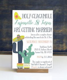 this is an image of a wedding card with cactus and sombrero on it