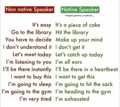 a poem written in green and red with the words native speaker, it's easy to