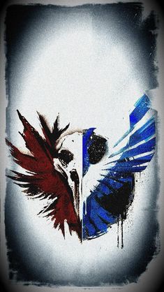 an abstract painting of a bird with red, white and blue feathers on it's head