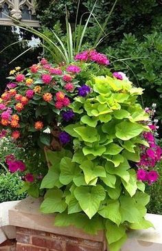 a planter filled with lots of colorful flowers sitting on top of a brick wall