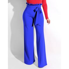 Royal Blue Ruffle Hem Straight Leg Casual Pants Elegant Ruffled Blue Bottoms, Elegant Blue Ruffled Bottoms, Blue Wide Leg Pants For Summer Party, Casual Blue Wide Leg Pants For Party, Solid Color Ruffle Party Bottoms, Ruffled Party Bottoms, Blue Wide Leg Pants For Party, Chic Blue Wide Leg Pants For Party, Blue Ruffled Bottoms For Party