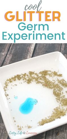 a white plate topped with lots of dirt next to a blue bowl filled with green stuff