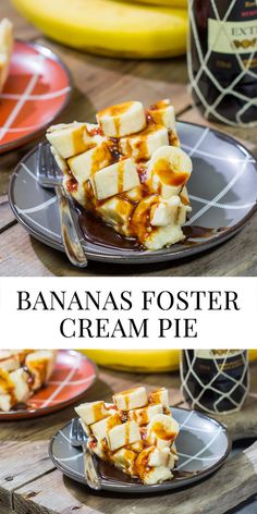 banana fosterer cream pie on a plate with bananas in the background and text overlay