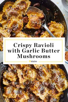 crispy ravioli with garlic butter mushrooms in a skillet