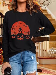 US$ 29.99 - Women's T-Shirts Printed Round Neck Long Sleeve T-Shirt - www.zicopop.com Fall Casual Crew Neck T-shirt, Casual Crew Neck T-shirt For Fall, Fall Graphic Print Crew Neck T-shirt, Fall Crew Neck T-shirt With Graphic Print, Casual Halloween Graphic Print Top, Fall Crew Neck T-shirt With Relaxed Fit, Casual Halloween Tops With Letter Print, Casual Halloween Letter Print Top, Black Crew Neck Top For Halloween