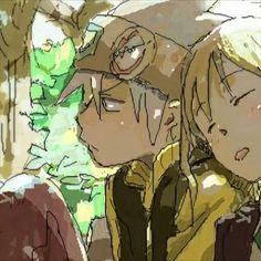 two anime characters standing next to each other in front of trees and bushes, with one looking at the camera