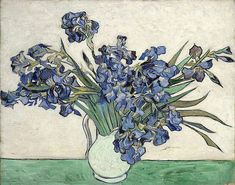 a painting of blue flowers in a white vase