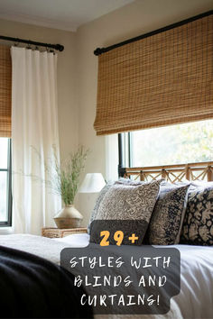 a bed sitting under two windows with the words 29 styles with blinds and curtains above it