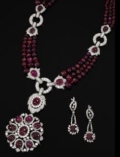 Countess Alina de Romanones ruby and diamond necklace/brooch combination and matching pair of ruby and diamond pendant earrings © Sotheby's Spanish Estate, Spy Books, Some Beautiful Quotes, Ruby And Diamond Necklace, Rare Jewelry, Jewelry Design Drawing, What Is The Difference Between, Tiara Crown