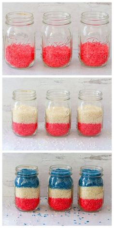 jars filled with red, white and blue colored sand are arranged in different ways to make patriotic decorations