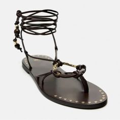 Zara New Woman S24 Flat Leather Sandals With Decorative Detail Flat Leather Lace-up Sandals For Vacation, Zara Flat Leather Sandals, Zara Ankle Strap Sandals For Beach, Zara Ankle Strap Sandals For Vacation, Adjustable Leather Sandals By Zara, Zara Brown Leather Sandals, Zara Leather Sandals With Single Toe Strap, Flat Leather Sandals, Zara New