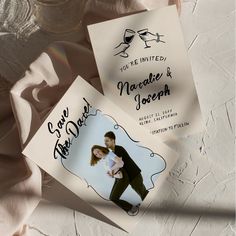 two wedding cards with an image of a couple on them and the words, you're