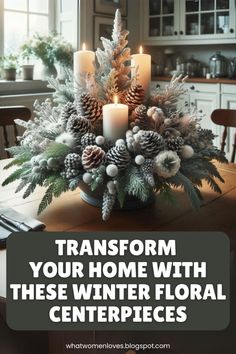 a christmas centerpiece with candles and pine cones