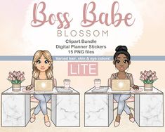 two women sitting at a table with laptops in front of them and the words boss babe