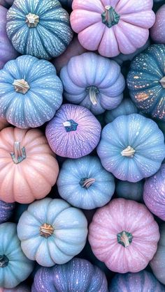 many different colored pumpkins stacked on top of each other