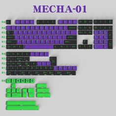 a purple and green keyboard with the words mecha - 01 on it