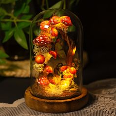 a glass dome with mushrooms and plants inside