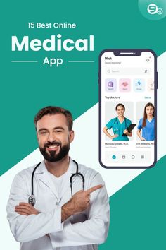 the medical app is displayed with a male doctor in front of it