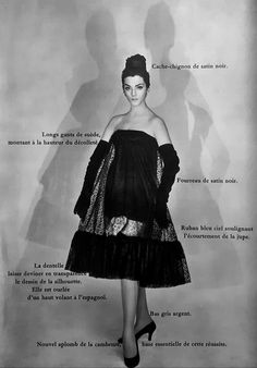 Balenciaga A/H 1957-58, escarpins de René Mancini. Photo Georges Saad. Mannequin Régine Debrise. Brooklyn Girl, Balenciaga Fashion, Simply Fashion, Satin Noir, Three Sisters, Designer Pieces, January 21