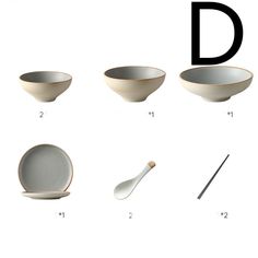 an image of different bowls and spoons with the letter d in it's center