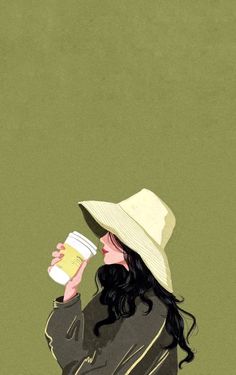 a woman in a hat drinking from a cup