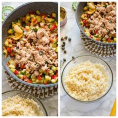 the process of making tuna and vegetable casserole is shown in two separate images