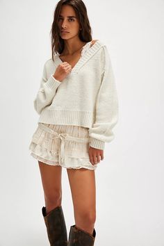 Rhea V-Neck Pullover | Free People Free People Outfits, People Outfits, Fall Fits, Ruffle Shorts, Cute Everyday Outfits, Outfit Goals, Retro Outfits, Boho Clothing, Cozy Sweaters