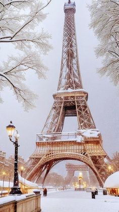 the eiffel tower is covered in snow