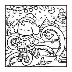 a coloring page with a girl and her dog in the winter scene, including snowflakes