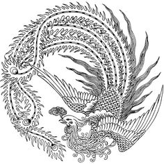 a black and white drawing of a bird with feathers on it's head, surrounded by plants