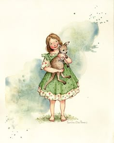 a drawing of a girl holding a cat in her arms and wearing a green dress