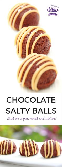 chocolate salty balls on a white plate with text overlay that reads, chocolate salty balls