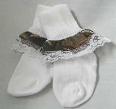 This is for a pair of adorable infant socks trimmed in camouflage.  They come in 3 sizes - 3/4, 4/5, 5/6 (that is shoe size, not age). See also the Realtree and Mossy Oak dresses, shoes, and scrunchies! Please visit our ebay store for other great camouflage items.  We try and have all products in stock so it ships fast. We combine shipping - just email! Camo Gifts, Socks Lace, Camo Baby, Ruffle Socks, Real Tree Camouflage, Camouflage Outfits, Ruffled Socks, Camo Baby Stuff