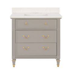 a gray dresser with two drawers and a white counter top on the bottom, in front of a white background