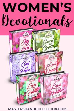 four books with the title, women's devotions in pink and purple flowers