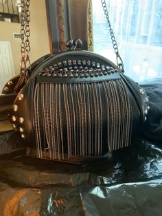 Vintage Kiss Lock Clutch Evening Handbag with Rivet Tassel. Punk Gothic Style Studded Handbag with Chain Shoulder. Absolutely Stunning. Vintage Kiss, Studded Handbag, Halloween Bags, Evening Handbag, Gothic Style, Bags Backpacks, Spooky Halloween, Gothic Fashion, Purses And Handbags