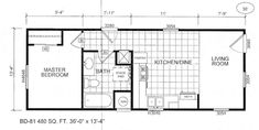 the floor plan for a mobile home with two bedroom and one bathroom, including an attached living