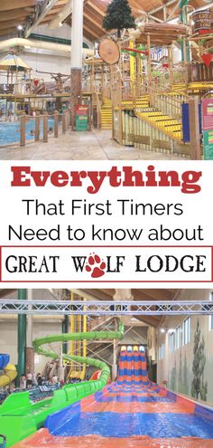 an indoor play area with water slides, and the words everything that first timers need to know about great wolf lodge